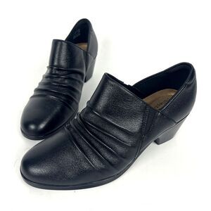 Clarks Emily Cove Black Leather Slip on Wedge heel Womens SZ 9.5 Casual Comfort